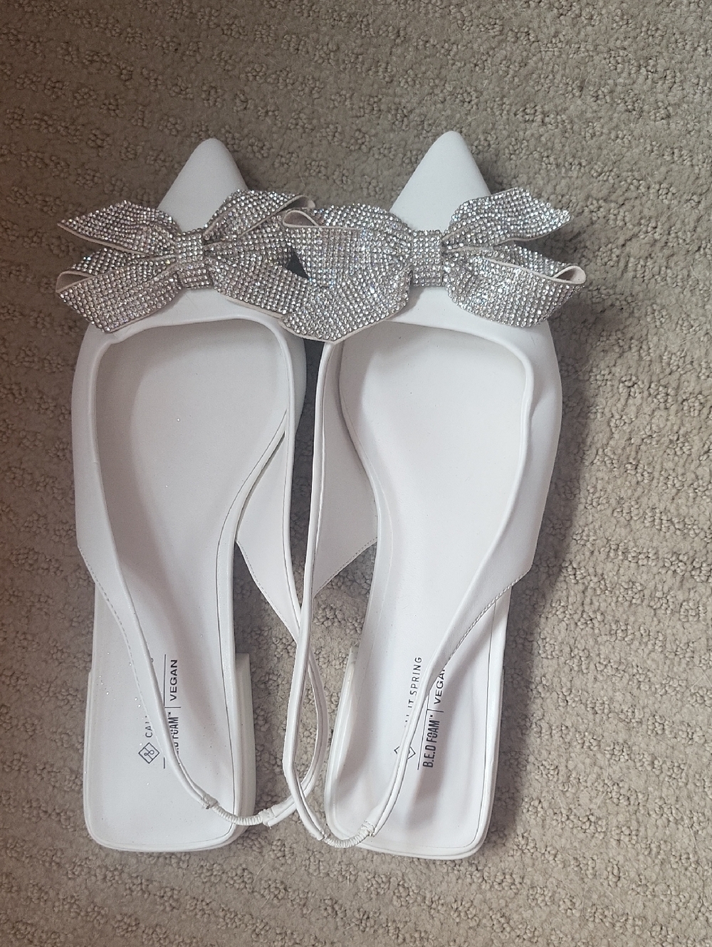 Call It Spring White Pointed Slingback Flats with Crystal Bow Accent
